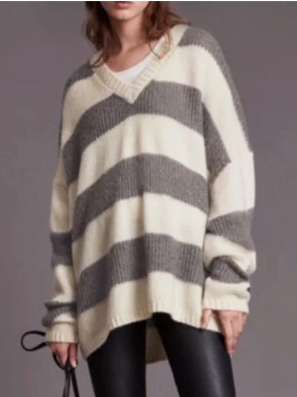 All Saints Lou sparkle stripe vneck metallic oversized gray white sweater M